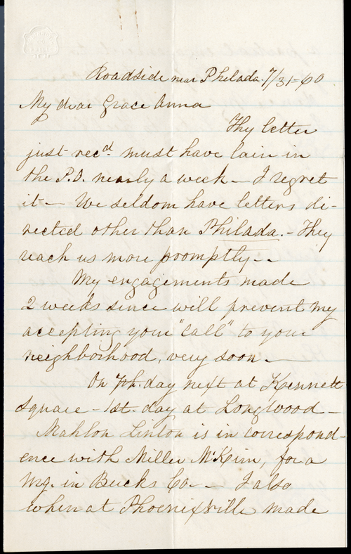 Lucretia Mott letter to Graceanna Lewis, 1860-07-31, item ID: A00181969. Mott Manuscripts, SFHL-MSS-035, Friends Historical Library at Swarthmore College.