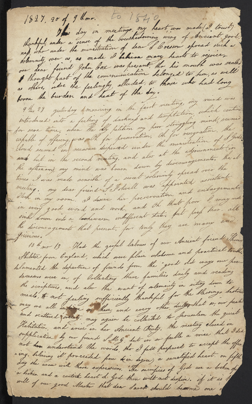 Mary Kite diary entry, 1829.