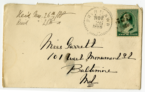 An envelope containing a letter from M. Carey Thomas to Mary Elizabeth Garrett dated November 25, 1888; one of many that discuss the fight to allow women into Johns Hopkins (J.H.U). Courtesy of Bryn Mawr College and In Her Own Right.