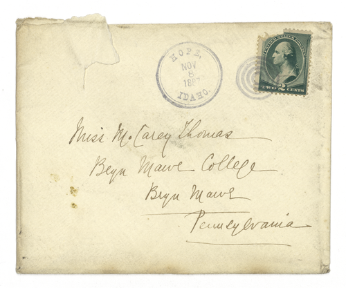 An envelope containing a letter from Mary Elizabeth Garrett to M. Carey Thomas dated November 06, 1887, in which she visits Flathead Indian Reservation and expresses racist views against the Native children enrolled at the Jesuit-run school there. Courtesy of Bryn Mawr College.