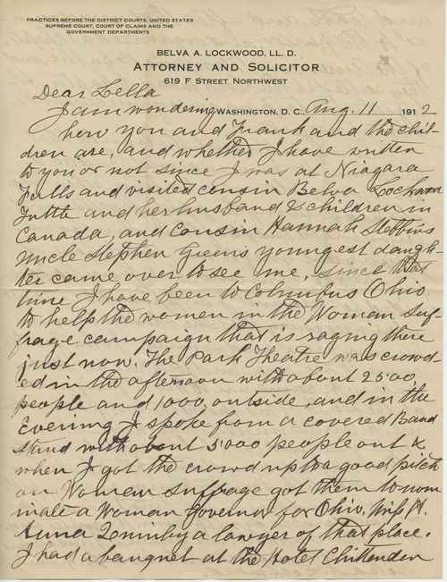 Belva Lockwood letter to Lella Gardner, Lockwood-0019, Belva Ann Lockwood Papers, SCPC-DG-098, Swarthmore College Peace Collection.