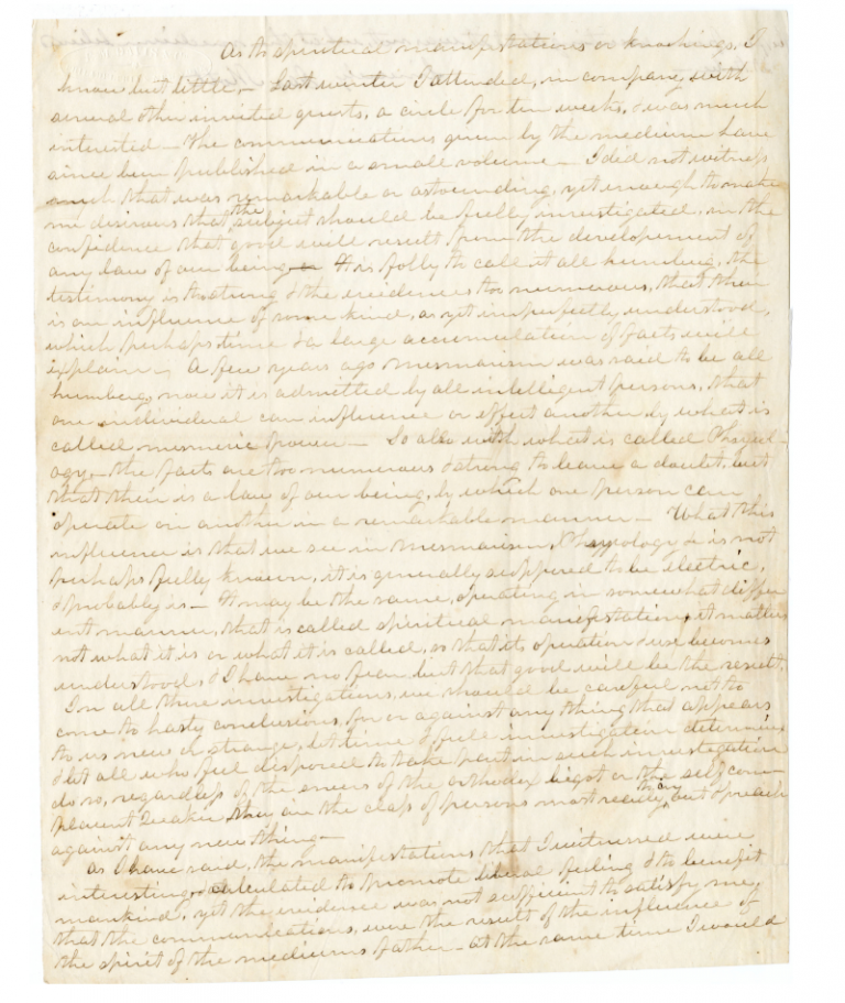 A letter written by James Mott describing his experiences at a seance and his interest in spiritualism. Mott Manuscripts, SFHL-MSS-035, Friends Historical Library of Swarthmore College. 