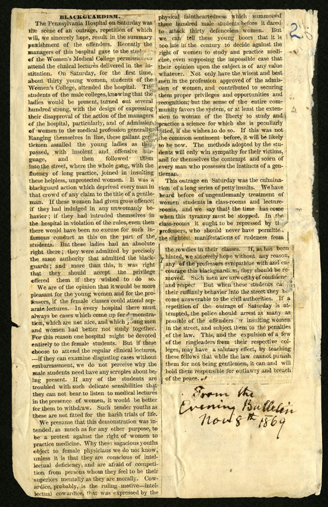 “Blackguardism” Woman’s Medical College of Pennsylvania clippings scrapbook: Volume 1, page 2.