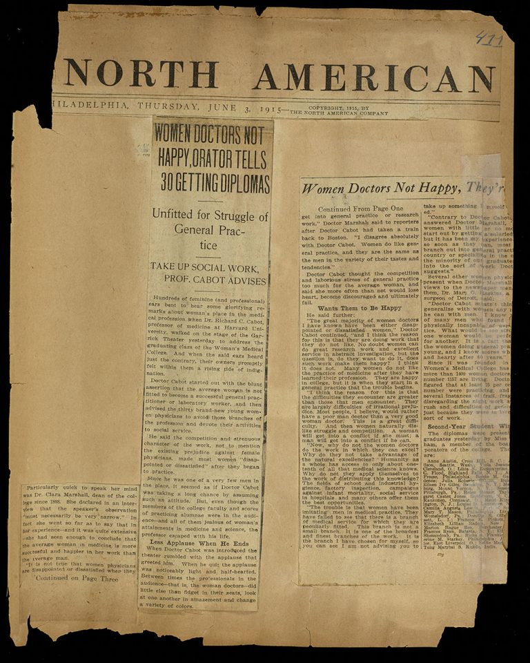 “Women Doctors Not Happy, Orator Tells 30 Getting Diplomas” Woman’s Medical College of Pennsylvania clippings scrapbook: Volume 5, page 411.