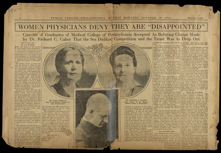 “Women Physicians Deny They Are “Disappointed”” Woman’s Medical College of Pennsylvania clippings scrapbook: Volume 5, page 490.