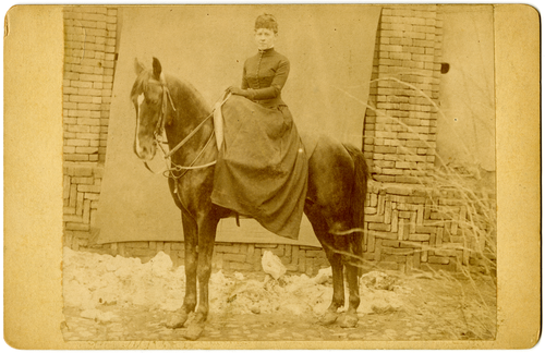 Belle Hawkes on a horse, Iran, 1883. 
